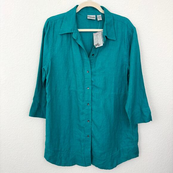 Chico's Womens Delave Button Front Shirt Size L 100% Linen 3/4 Summer Jade - Picture 1 of 7
